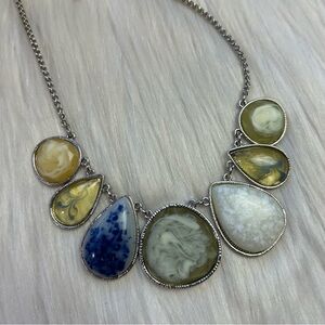 Statement resin art tear drop silver tone necklace
